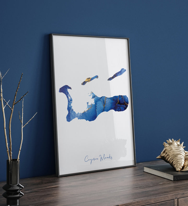 Cayman Islands Map Blue and Gold Wall Art Print