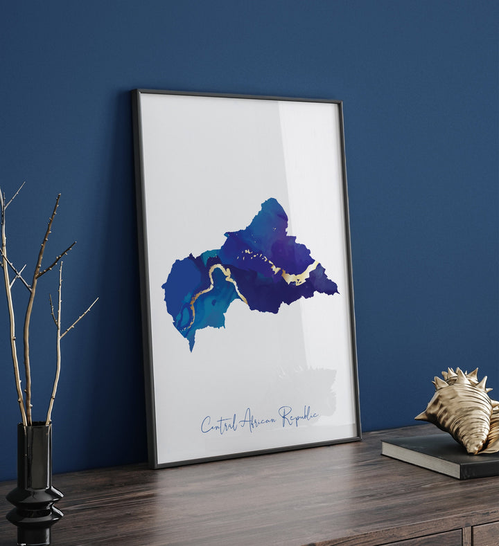 Central African Republic Map Blue and Gold Wall Art Print