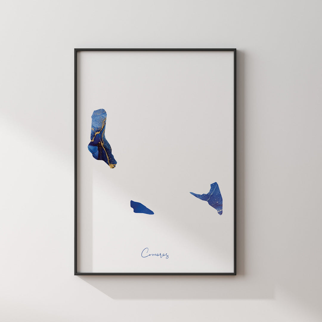 Comoros Map Blue and Gold Wall Art Print