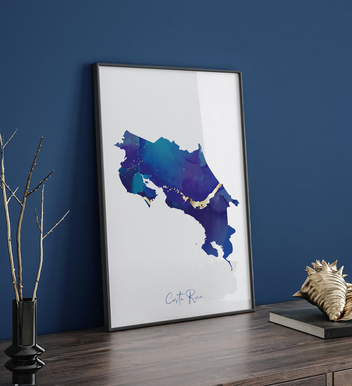 Costa Rica Map Blue and Gold Wall Art Print
