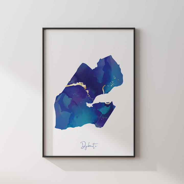 Djibouti Map Blue and Gold Wall Art Print