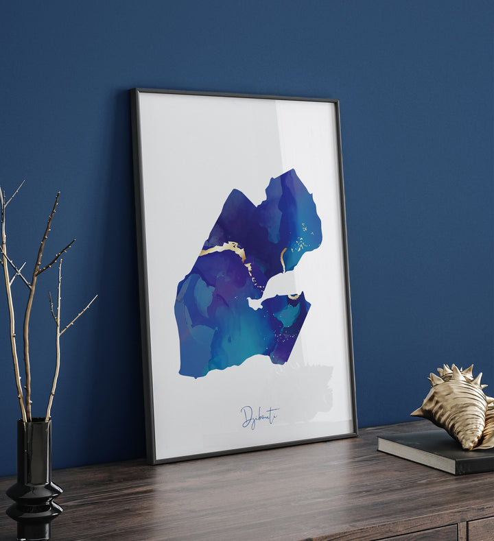 Djibouti Map Blue and Gold Wall Art Print