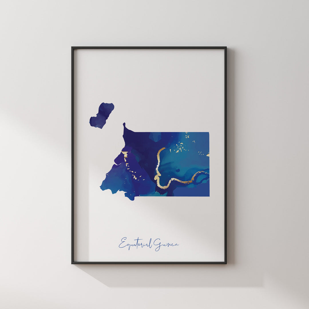 Equatorial Guinea Map Blue and Gold Wall Art Print