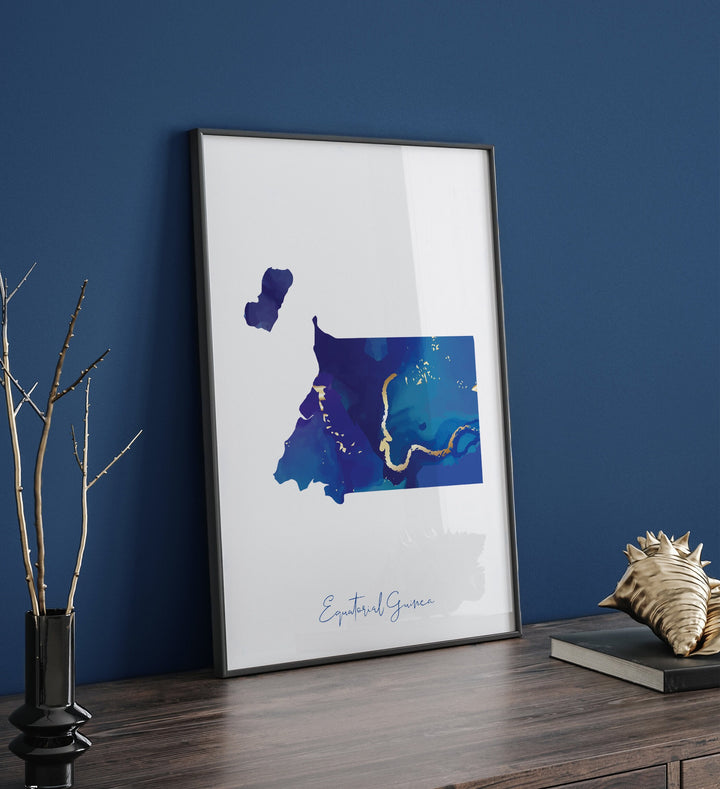 Equatorial Guinea Map Blue and Gold Wall Art Print