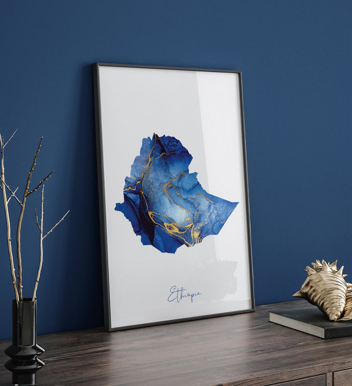 Ethiopia Map Blue and Gold Wall Art Print