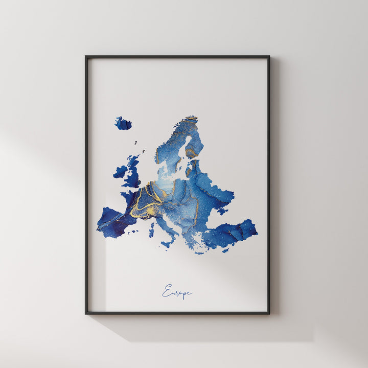 Europe Map Blue and Gold Wall Art Print
