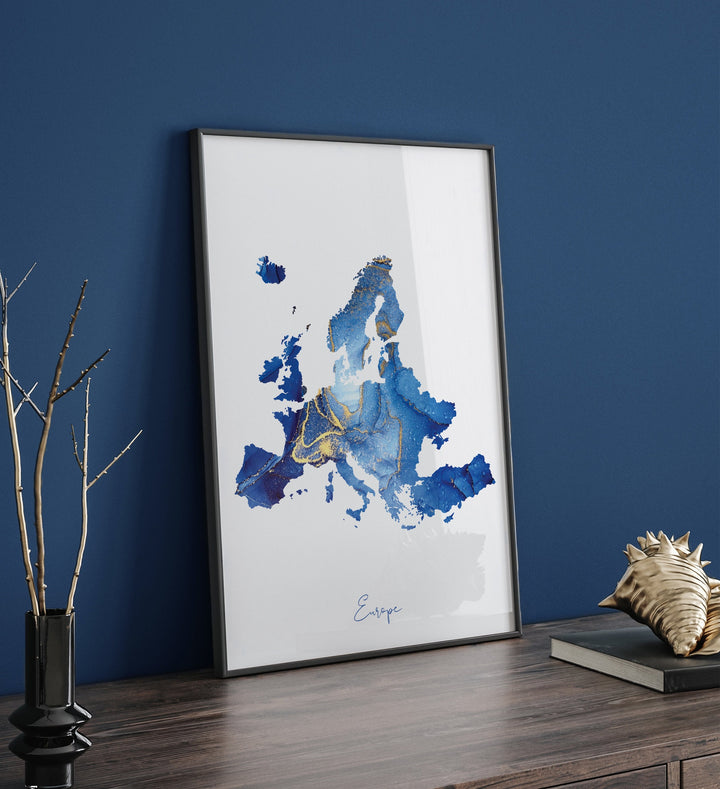 Europe Map Blue and Gold Wall Art Print
