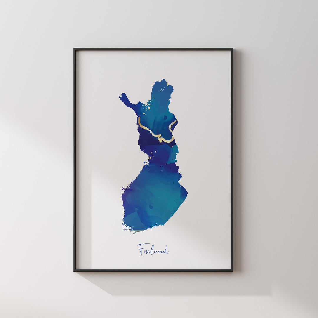 Finland Map Blue and Gold Wall Art Print
