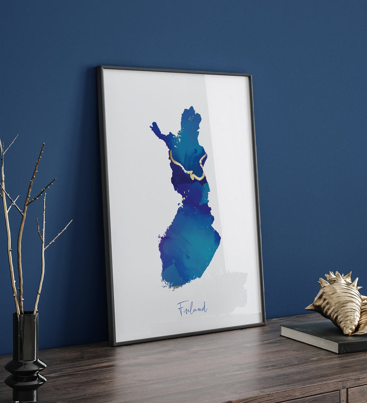 Finland Map Blue and Gold Wall Art Print