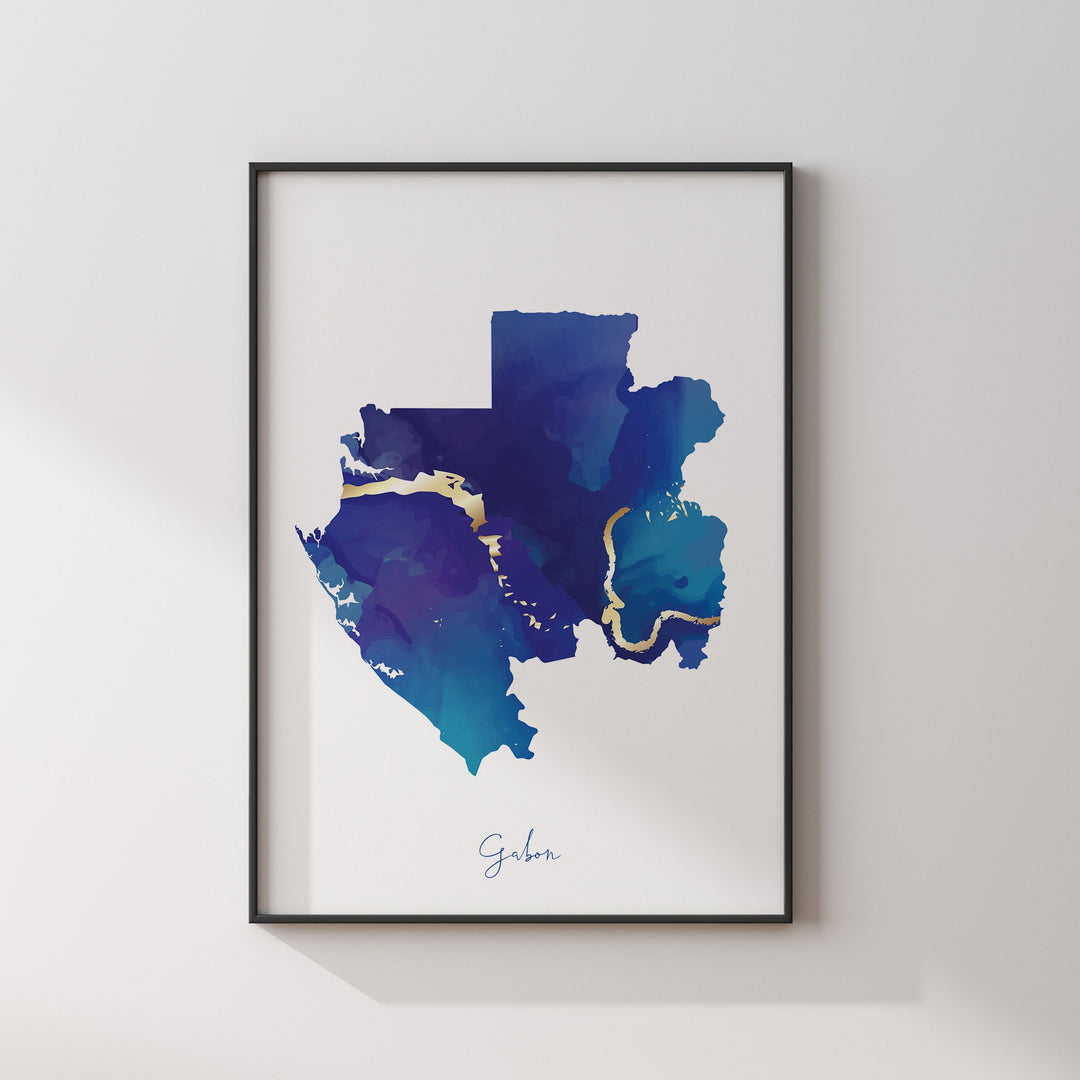 Gabon Map Blue and Gold Wall Art Print