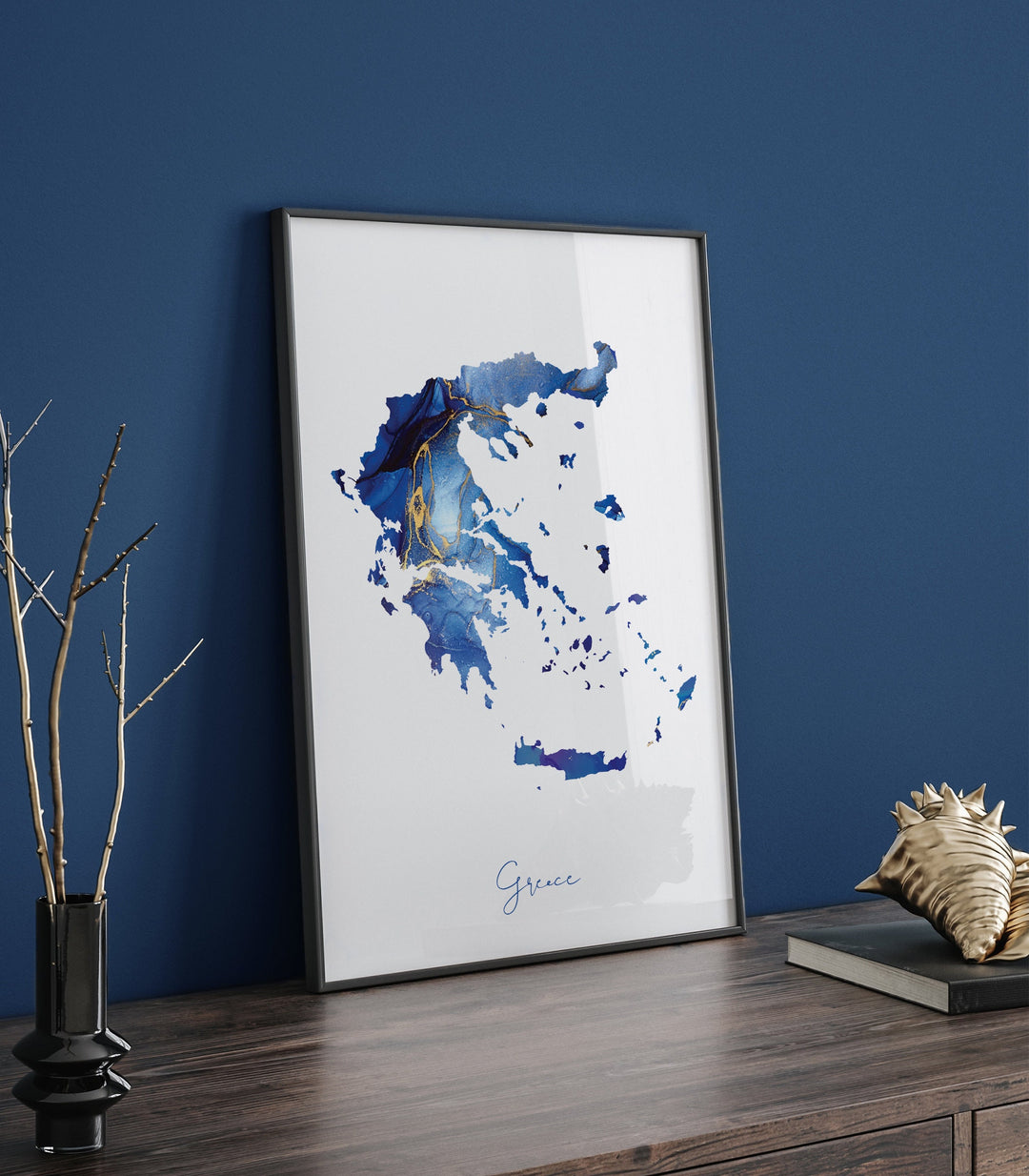 Greece Map Blue and Gold Wall Art Print