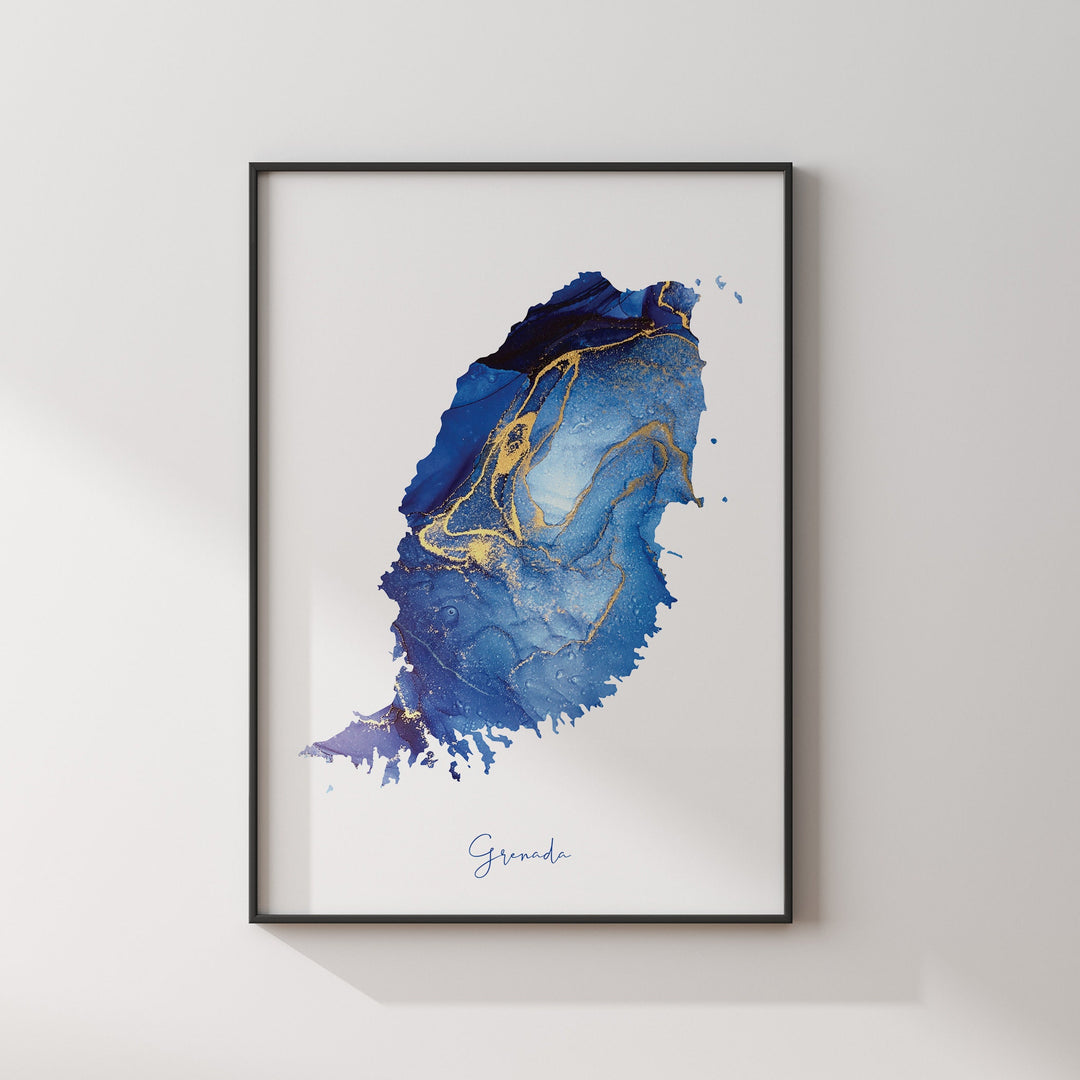 Grenada Map Blue and Gold Wall Art Print