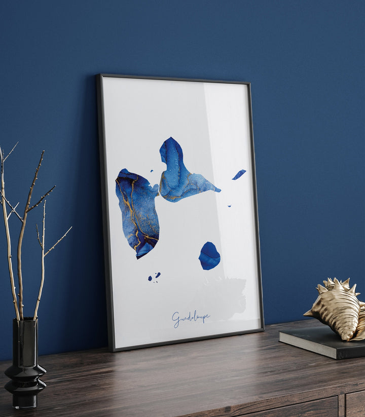 Guadeloupe Map Blue and Gold Wall Art Print