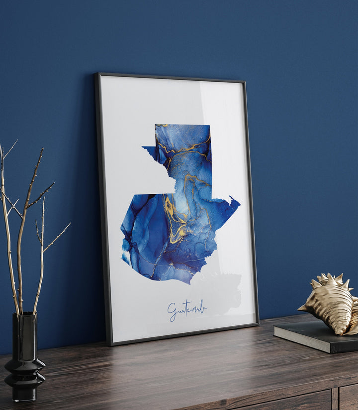 Guatemala Map Blue and Gold Wall Art Print