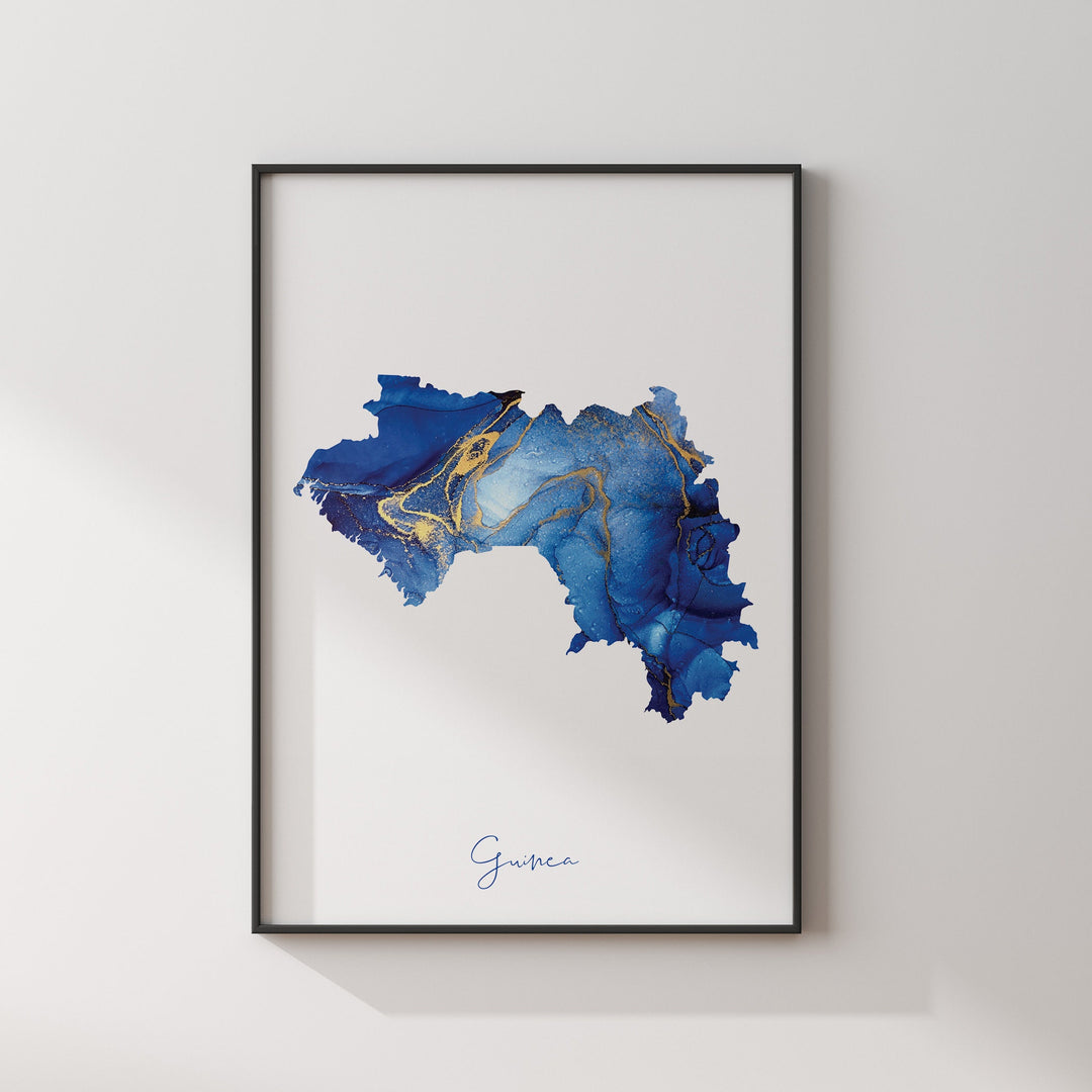 Guinea Map Blue and Gold Wall Art Print
