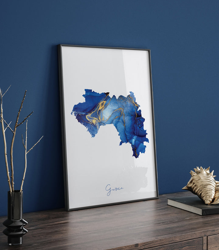 Guinea Map Blue and Gold Wall Art Print