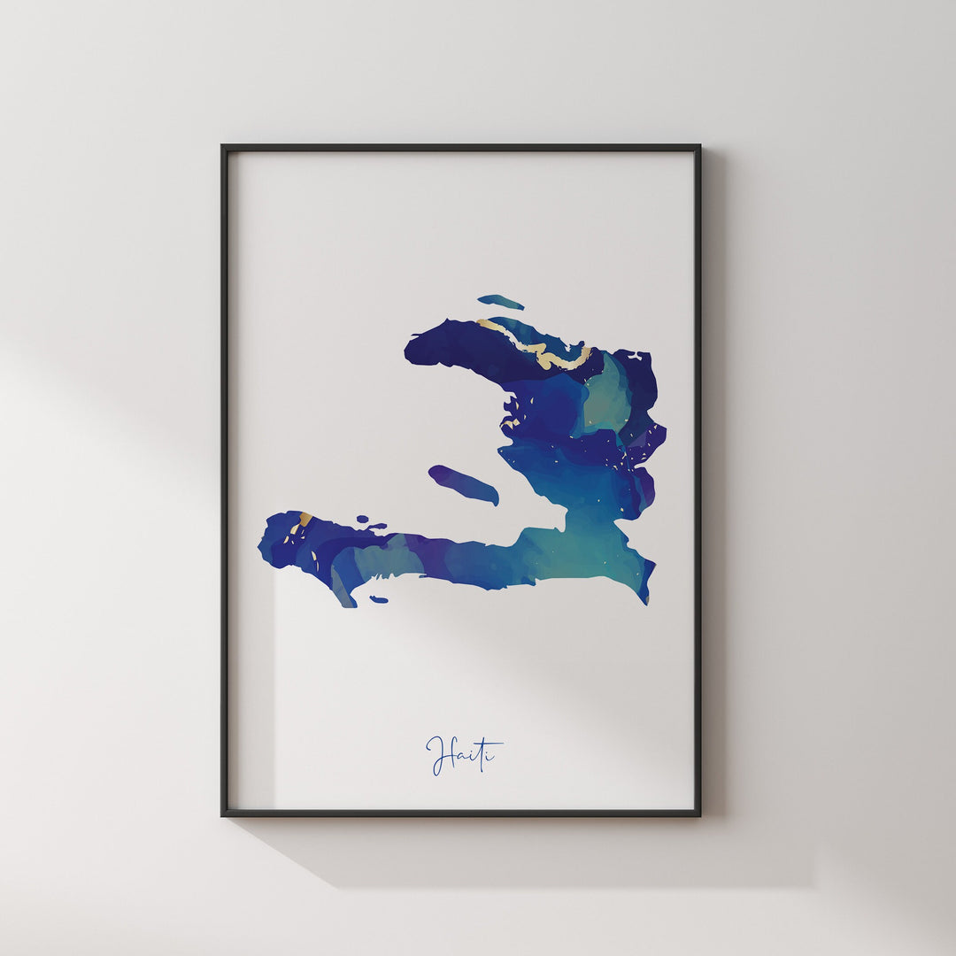 Haiti Map Blue and Gold Wall Art Print