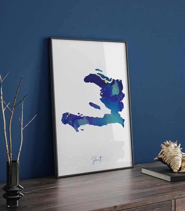 Haiti Map Blue and Gold Wall Art Print