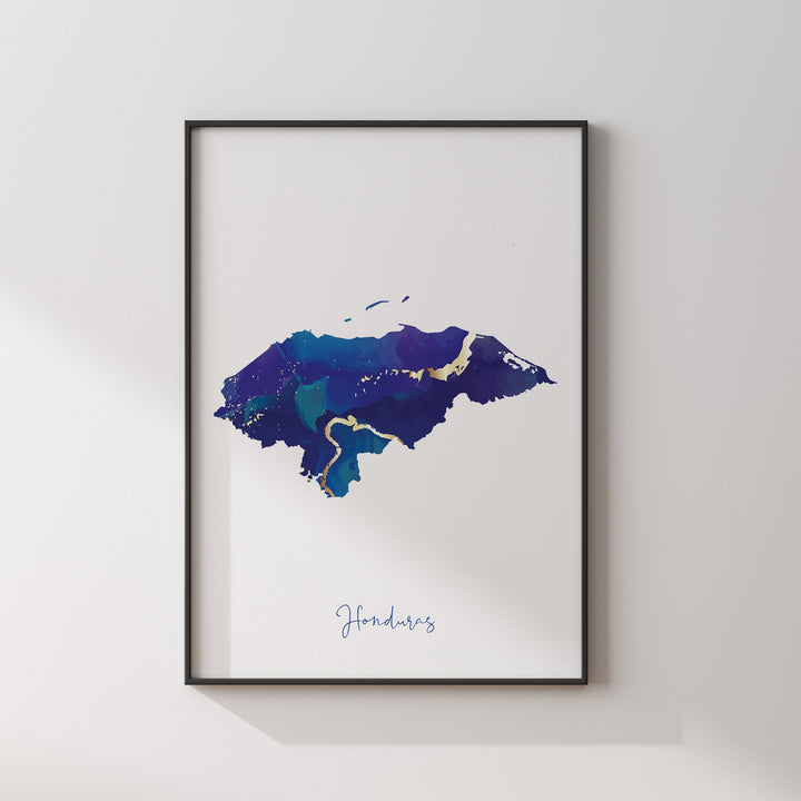 Honduras Map Blue and Gold Wall Art Print
