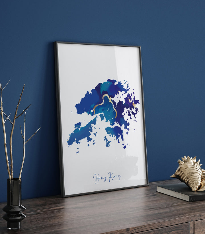 Hong Kong Map Blue and Gold Wall Art Print