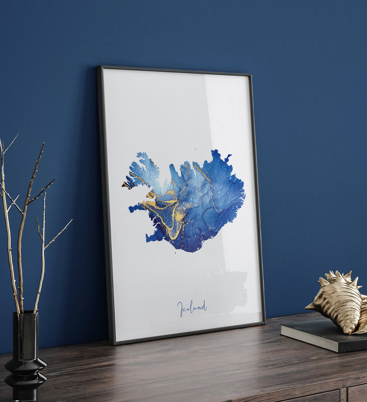 Iceland Map Blue and Gold Wall Art Print