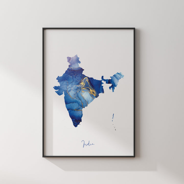 India Map Blue and Gold Wall Art Print