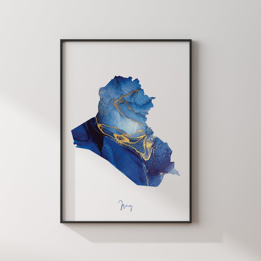 Iraq Map Blue and Gold Wall Art Print