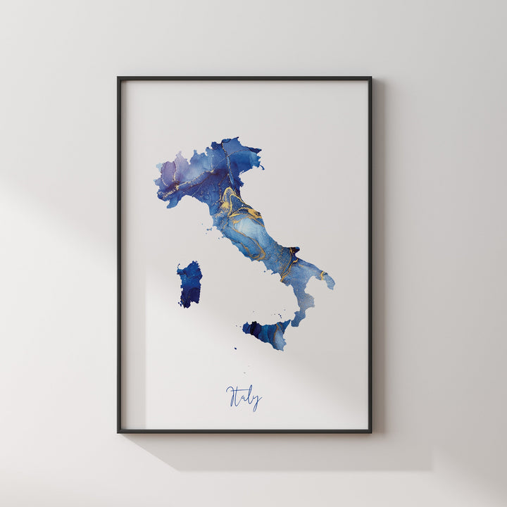 Italy Map Blue and Gold Wall Art Print