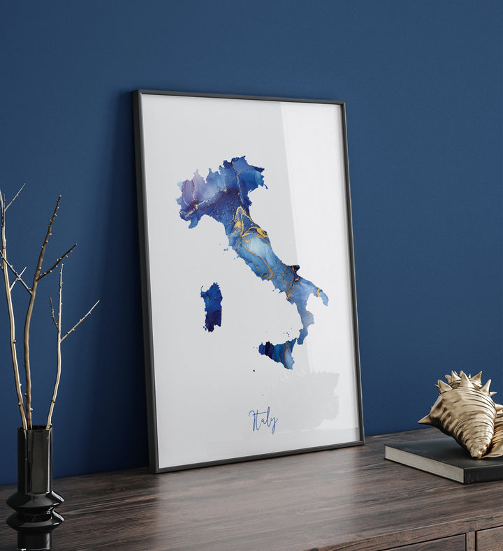 Italy Map Blue and Gold Wall Art Print