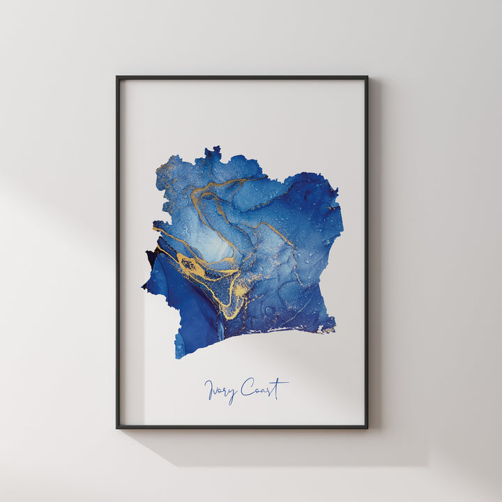 Ivory Coast Map Blue and Gold Wall Art Print