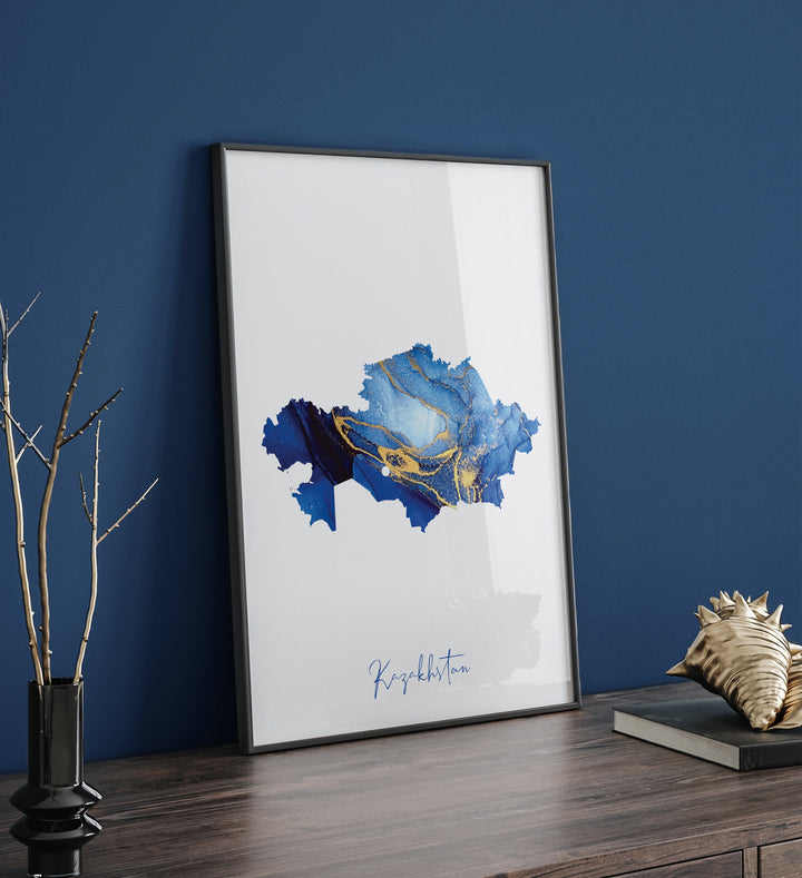 Kazakhstan Map Blue and Gold Wall Art Print