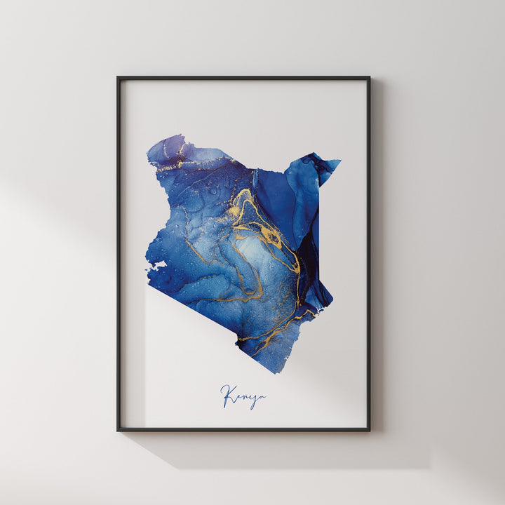 Kenya Map Blue and Gold Wall Art Print