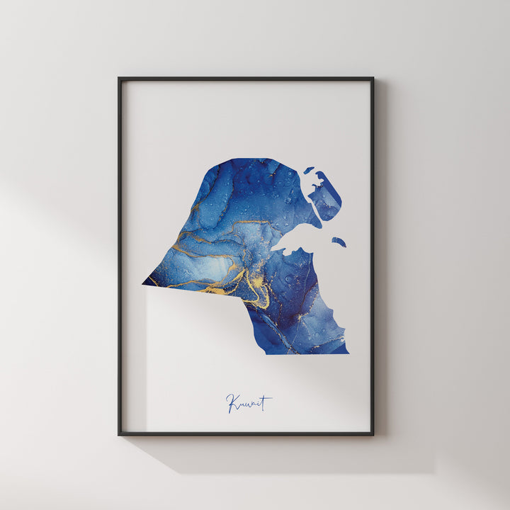 Kuwait Map Blue and Gold Wall Art Print