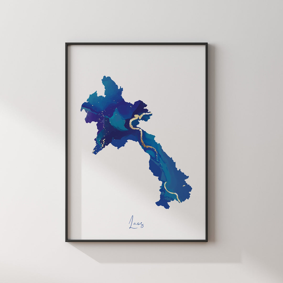 Laos Map Blue and Gold Wall Art Print