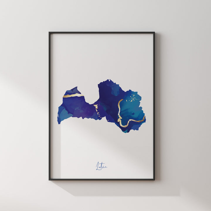 Latvia Map Blue and Gold Wall Art Print