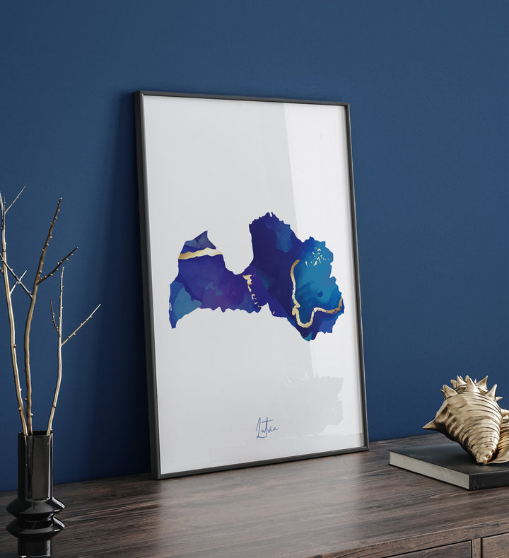 Latvia Map Blue and Gold Wall Art Print