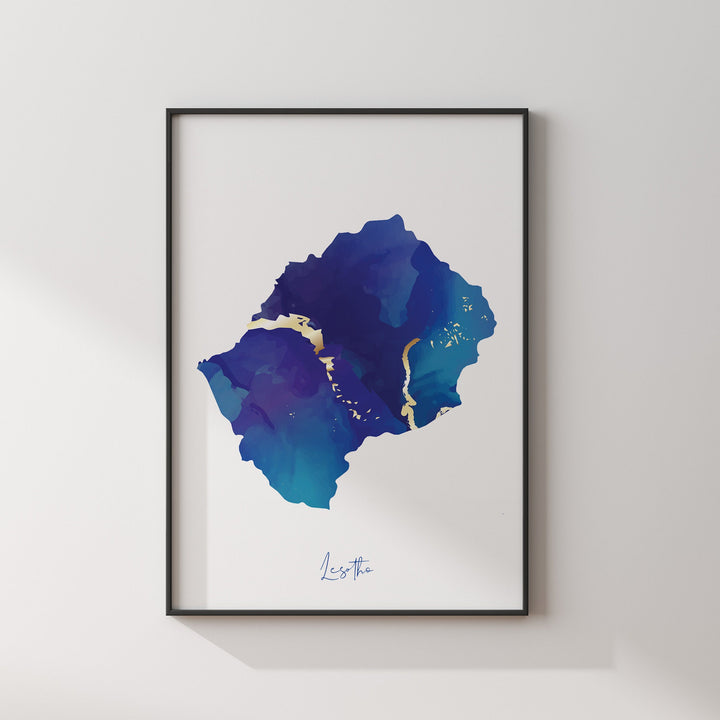 Lesotho Map Blue and Gold Wall Art Print