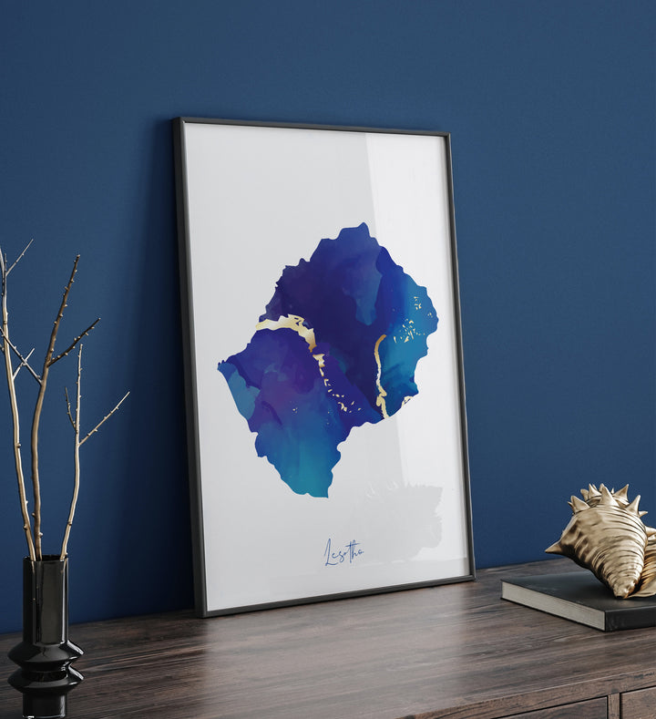 Lesotho Map Blue and Gold Wall Art Print