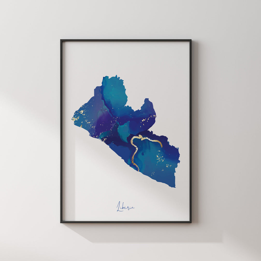 Liberia Map Blue and Gold Wall Art Print