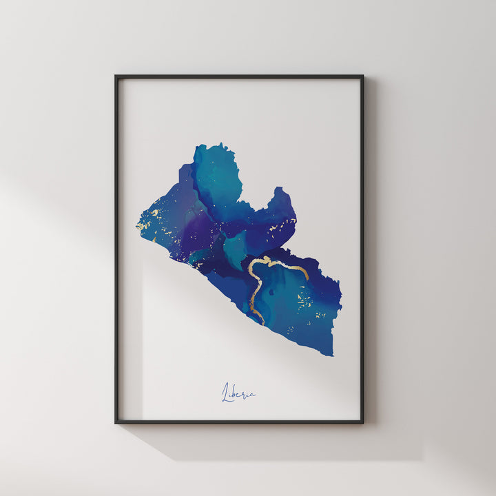Liberia Map Blue and Gold Wall Art Print