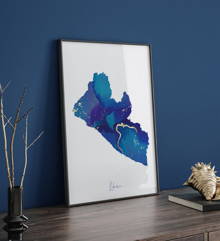 Liberia Map Blue and Gold Wall Art Print