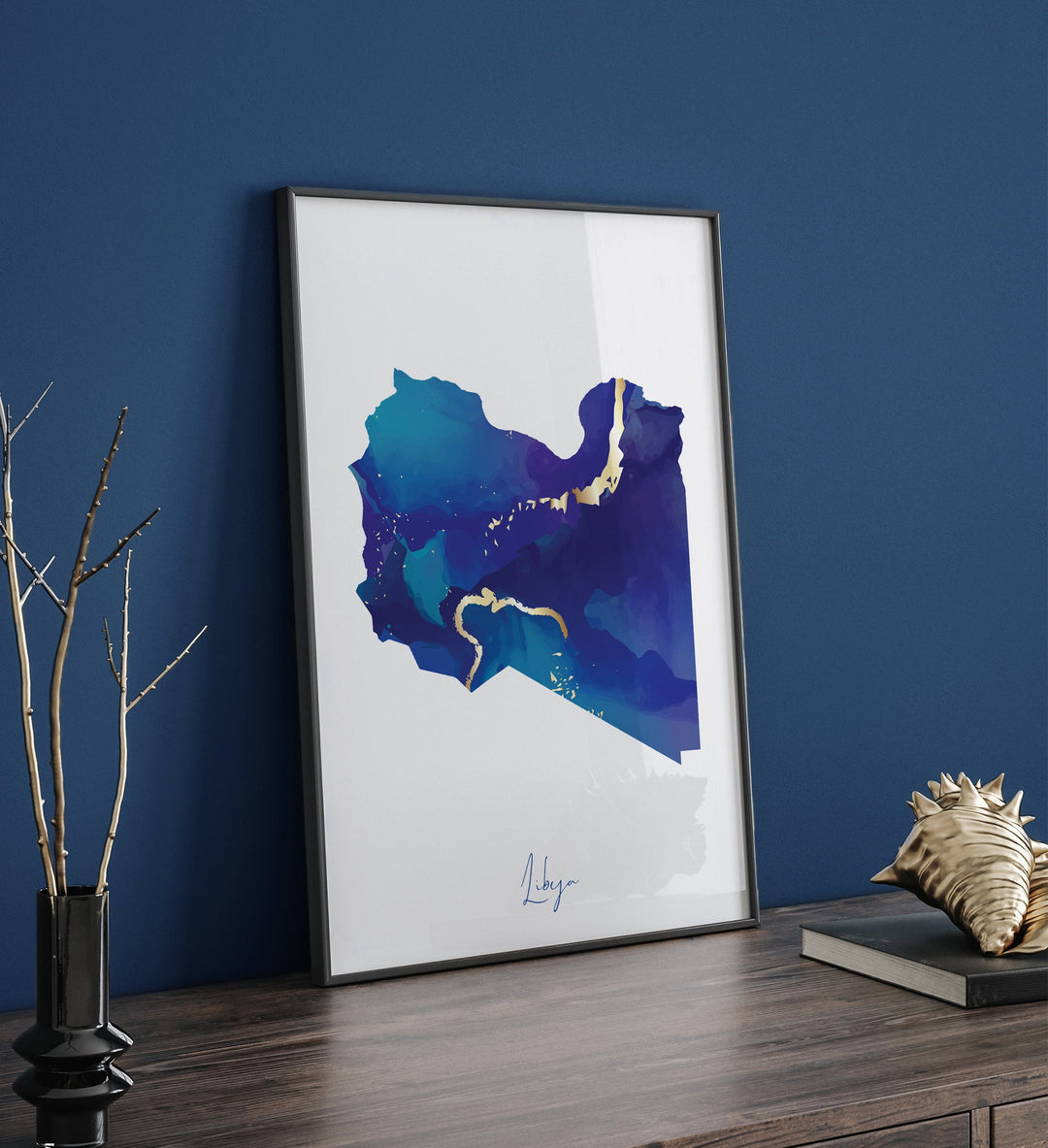 Libya Map Blue and Gold Wall Art Print