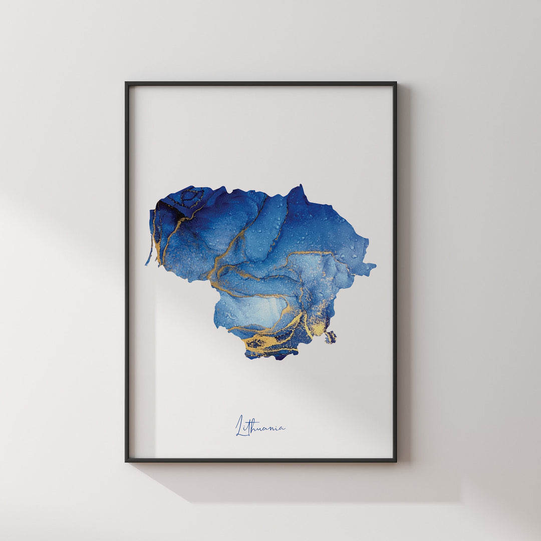 Lithuania Map Blue and Gold Wall Art Print