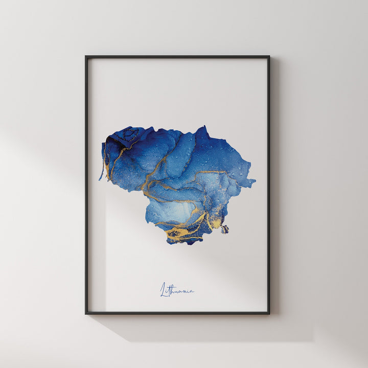 Lithuania Map Blue and Gold Wall Art Print
