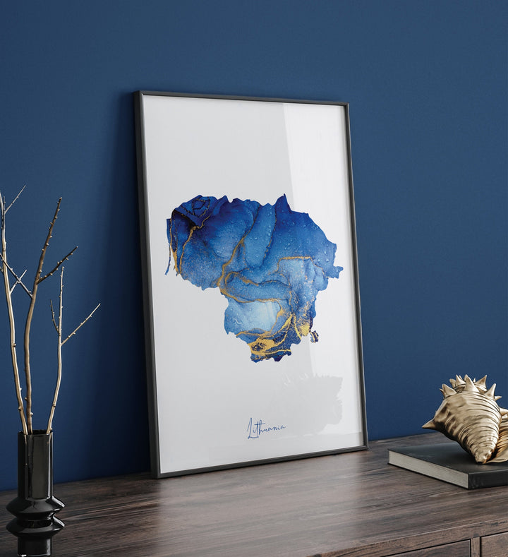 Lithuania Map Blue and Gold Wall Art Print