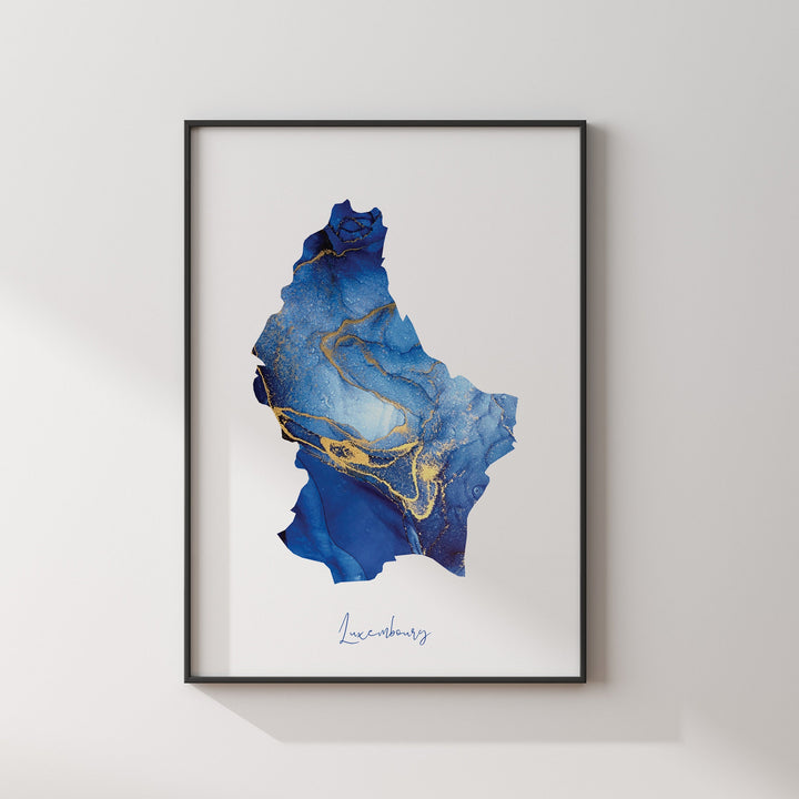 Luxembourg Map Blue and Gold Wall Art Print