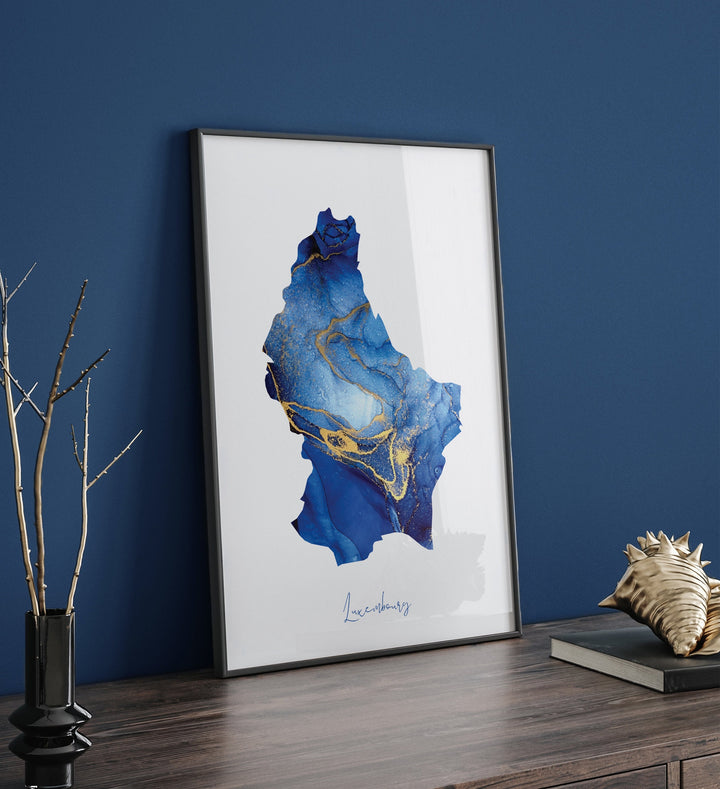 Luxembourg Map Blue and Gold Wall Art Print