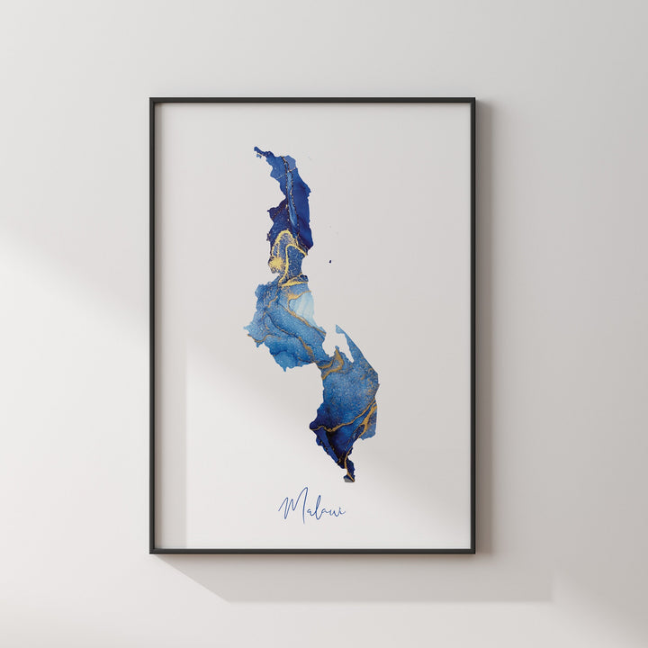 Malawi Map Blue and Gold Wall Art Print