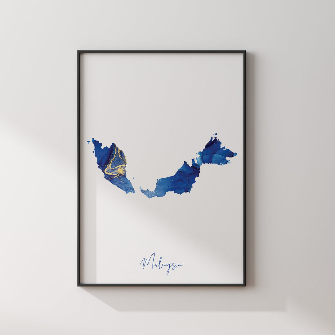 Malaysia Map Blue and Gold Wall Art Print