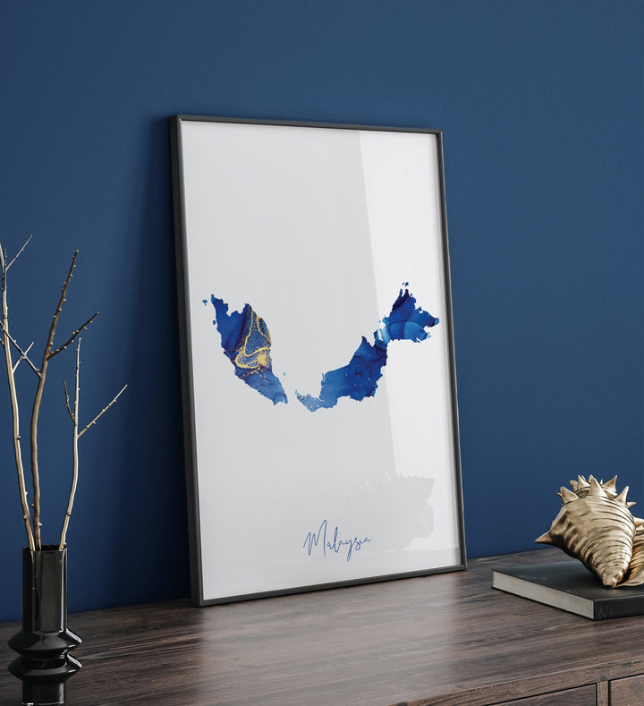 Malaysia Map Blue and Gold Wall Art Print